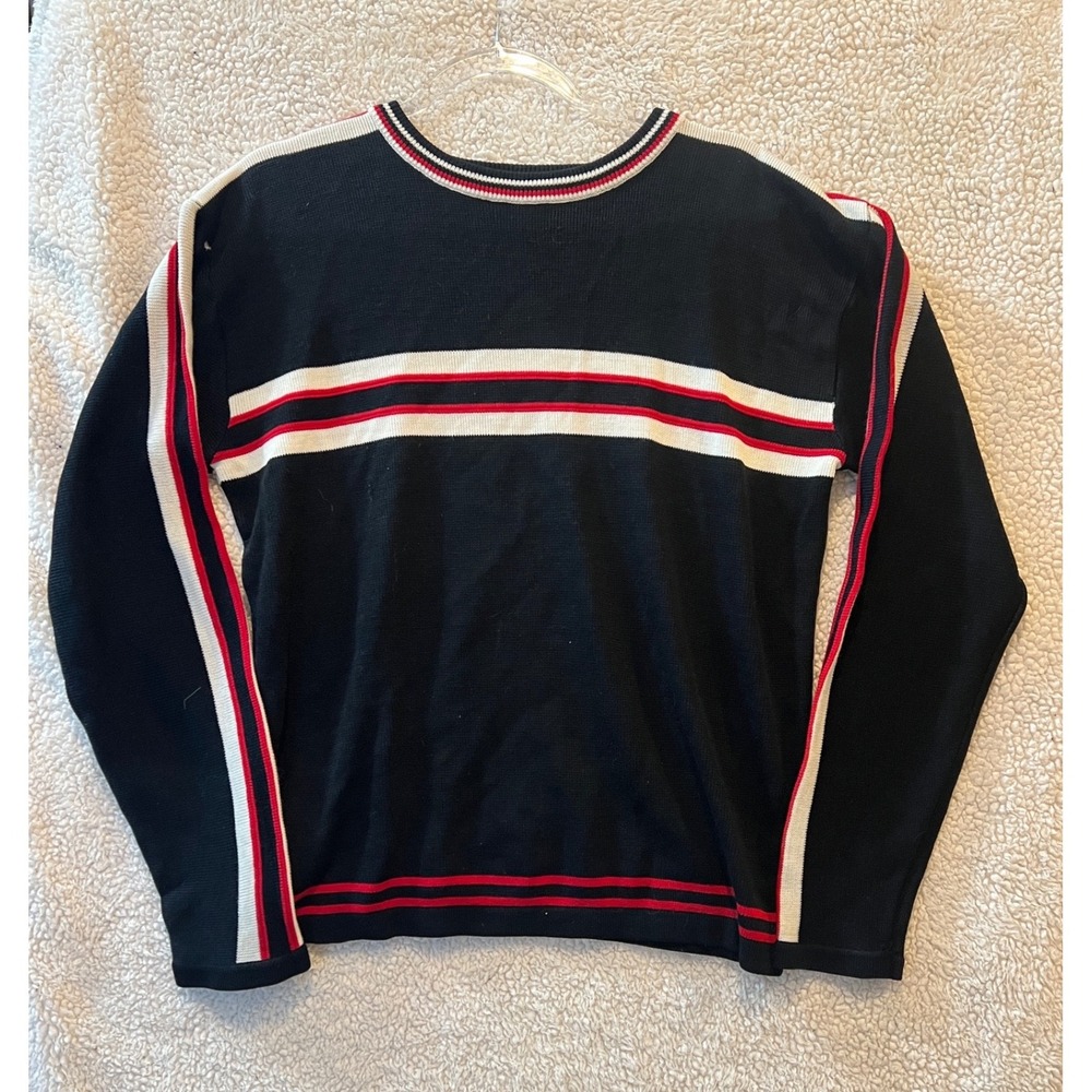 Vintage Ultra Bay Knit Sweater Black Red White Striped Crewneck Long Sleeve